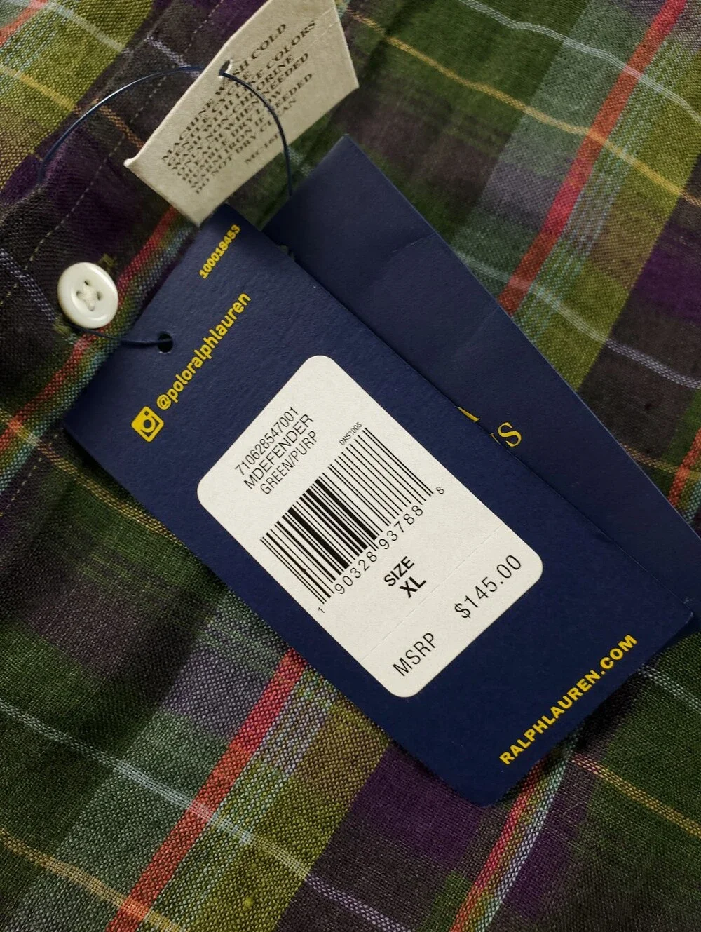 Polo Ralph Lauren Indian Madras Plaid 100% Linen XL Green Purple Long Sleeve NEW